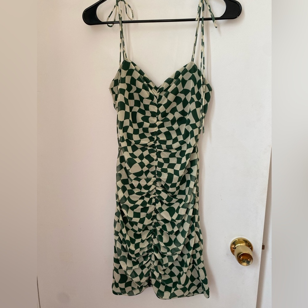 Green checkered tie strap mini bodycon dress in size medium